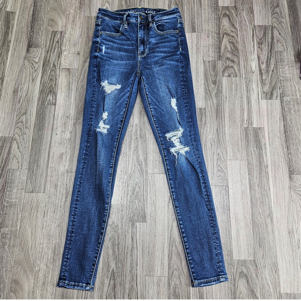 American Eagle Super Hi-Rise Jegging Women 2 Regular Blue Excellent Distressed
